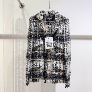 Authentic CHANEL Tweed Jacket in Black, White, and Yellow